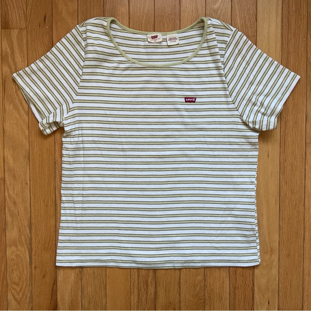 Levis Ribbed Striped Green White T-Shirt Size XXL Embroidered Logo Casual